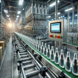 Visualization of a long automated bottle filling line in a conceptual manufacturing facility.